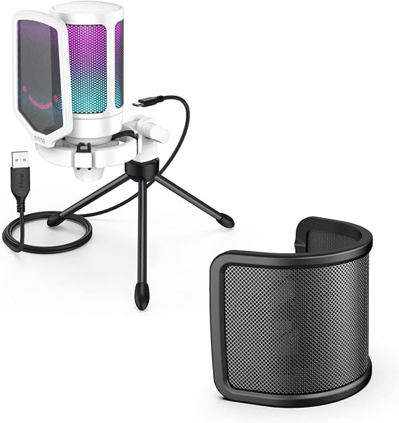 FIFINE USB Gaming Microphone with Pop Filter Bundle, PC Streaming Mic with Quick Mute Kit, RGB Recording Podcasting Condenser Mic for YouTube, Video, Studio (A6W+U1)