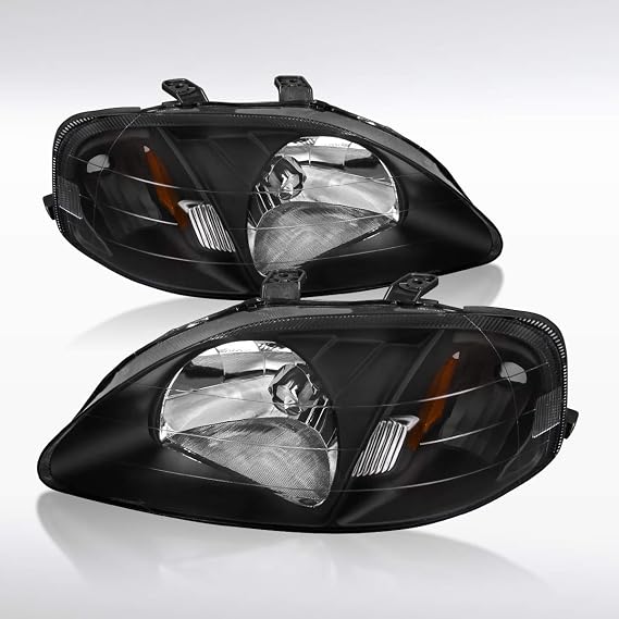 Autozensation Headlights For 1999-2000 Honda Civic Black Left+Right