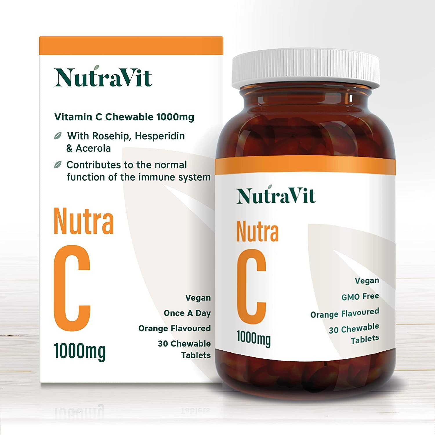 Nutra C Chewable - Vitamin C Tablets 1000mg, 30 Orange Chewable VIT C Tablets. High Strength Ascorbic Acid Vitamin C, Immune System Booster. Rosehip, Hesperidin & Acerola. Vegan Friendly - NutraVit