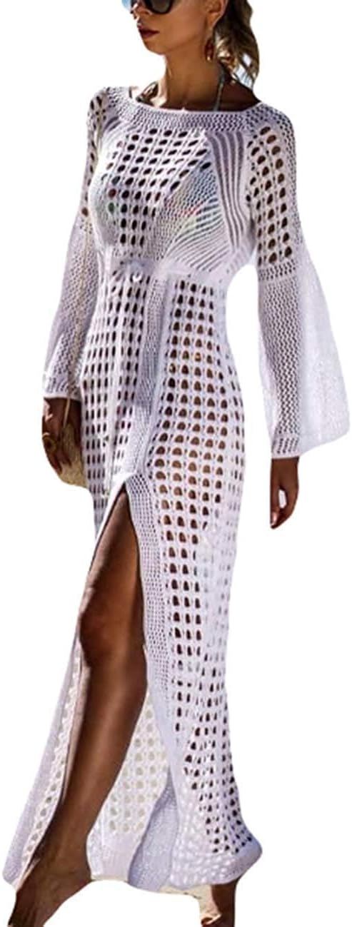 Women's Bikini Swimsuits Two Piece Crochet Fishnet Bra Top Maxi Skirt Cover Up Set Beach Outfits
