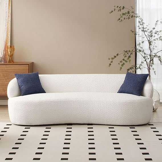 Curved Sofa Couch, 86.6" 3-Seater Modern Boucle Sectional Sofa Couch, Comfy Cloud Upholstered 3 Seat Leisure Cushion Sofa with Pillows for Living Room, Bedroom, Office, Apartment, Beige