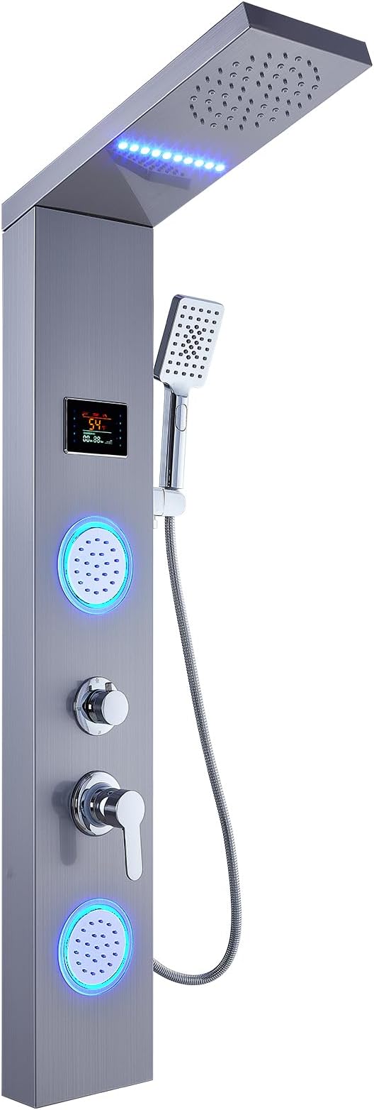 ELLO&ALLO Shower Panel System Tower, LED Rainfall and Mist Head Rain Massage Stainless Steel Bathroom Fixtures with LED Body Jets, Brushed Nickel