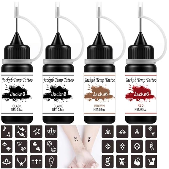 Temporary Tattoo Kit Freehand Ink Semi Permanent Tattoo Jagua Gel 40 Pcs Free Tattoo Stencils DIY Tattoos Fake Freckles Temp Tattoos for Women Kids Men - Full Kit 4 Bottles