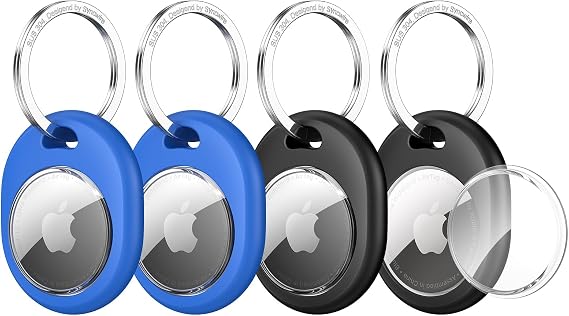 Syncwire Case for AirTag [4 Pack], Full Protective AirTag Holder with 304 Stainless Steel Keyring [Anti-Lost] [Scratch-Resistant] TPU Itag Cover for Keys, Luggage, Bags, Pet Collars - Black+Blue