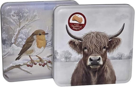 Scottish Shortbread Fingers Gift Tins | 2 x 200g Butter Biscuits | Highland Cow & Robin Decorative Tins | Made in Scotland | Christmas Gift Stocking Filler Afternoon Tea | Set of 2