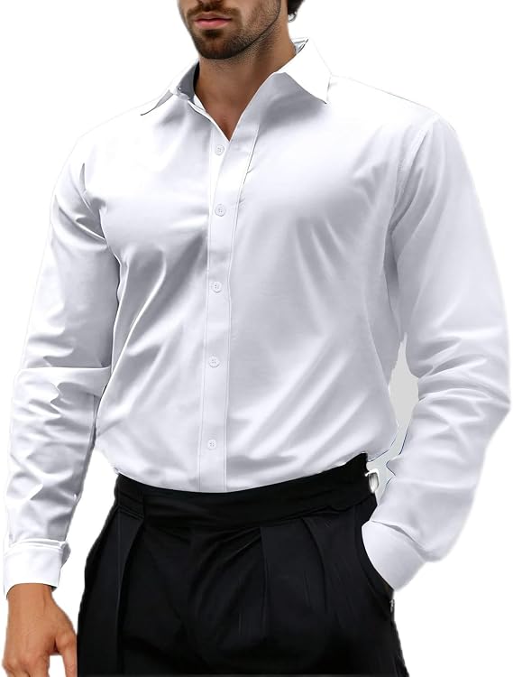 Button Down Shirt Men Regular Fit Business Casual Dress Shirts Solid Long Sleeve Stretch Wrinkle-Free Formal Shirts