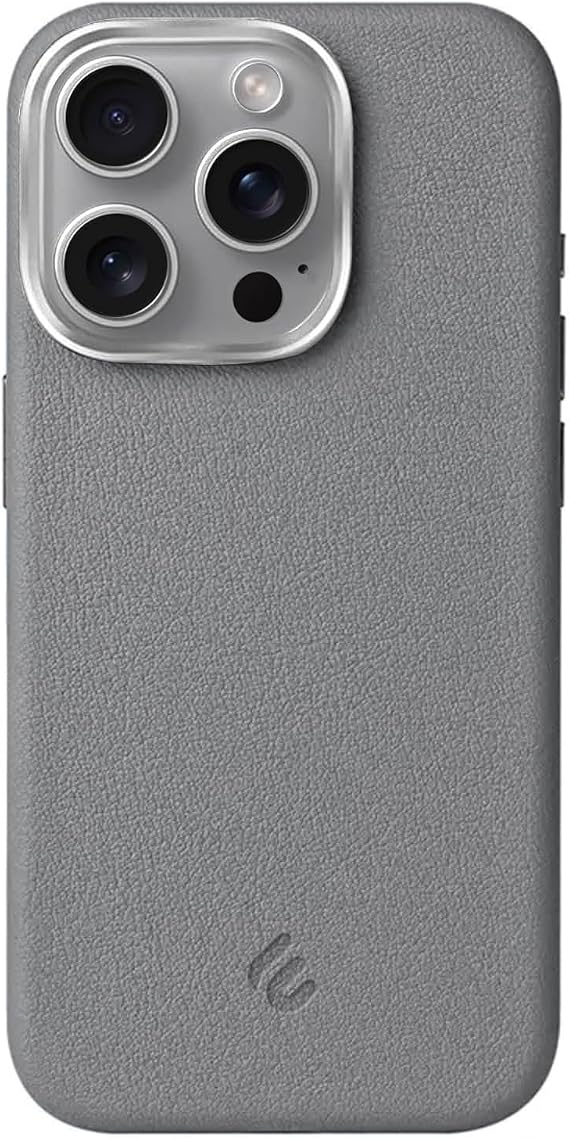 Minesk iPhone 15 için MagSafe ile Uyumlu Çizilmeyen ve Parmak İzi Tutmayan Deri Görünümlü Metal Tuşlu ve Metal Lens Çerçeveli Hybrid Silikon Kılıf (Gri, 15)