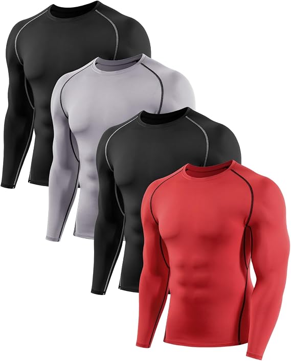 4 Pack Men's Long Sleeve Compression Base Layer Top Quick Dry Long Sleeve Running Top Mens Tight Baselayer Tee Shirts All Season for Running Training