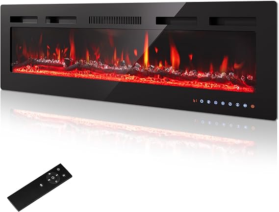 PURFINO 60"/152cm Electric Fireplace - Adjustable 12 Color Flame & Crackling Sound, 900W/1500W Fire Place with Precise 15-30°C Thermostat, Intuitive Touch Screen & Remote, Perfect for Media Walls