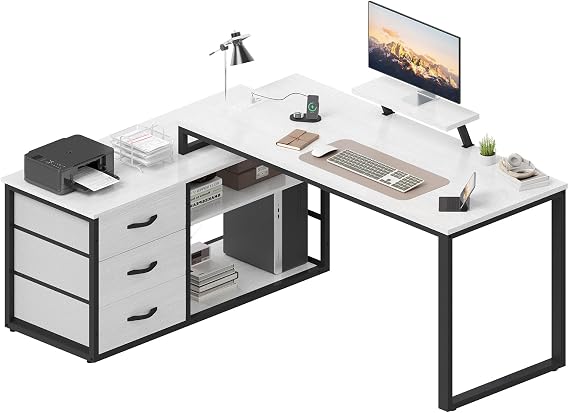 TRIUMPHKEY L-Shaped Desk with 3 Drawers, 140 x 100 x 75 cm, Corner Desk with Shelves, Reversible L-Shape Design with 2 USB Charging Ports & 2 Power Outlets, Home Office Desk, Gray