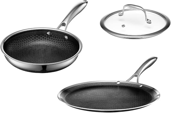 HexClad Hybrid Nonstick 3-Piece Cookware Set, 8" Pan, 8" Lid, and 12" Griddle, Stay-Cool Handles, Dishwasher and Oven-Safe, Induction Ready, Compatible with All Cooktops