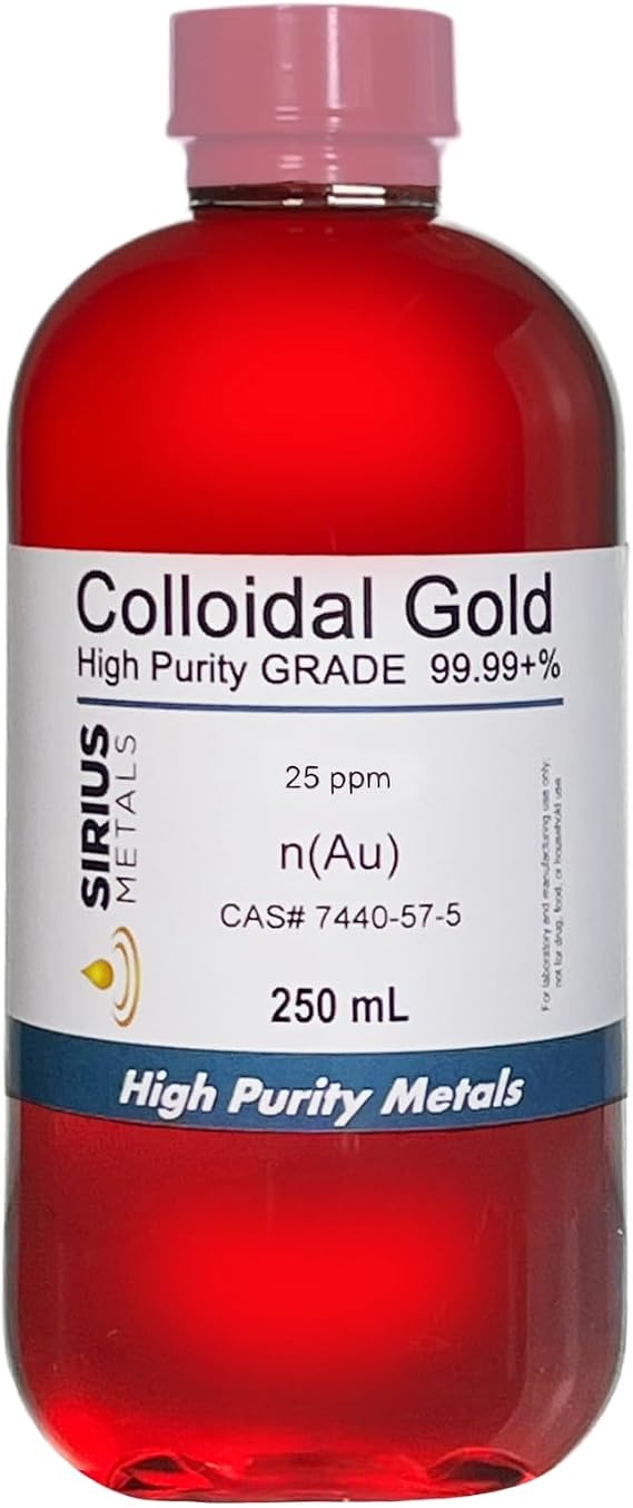 True Colloidal Gold 25 ppm - 99.99+% Purity - 250 mL (8.45 Fl Oz) in Clear BPA-Free Plastic Bottle - Made in USA