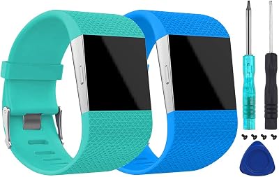 2Pcs Watch Bands with Metal Buckle Fitness Compatible with Fitbit Surge Wristband Strap for WomenMen TealSky Blue, Large