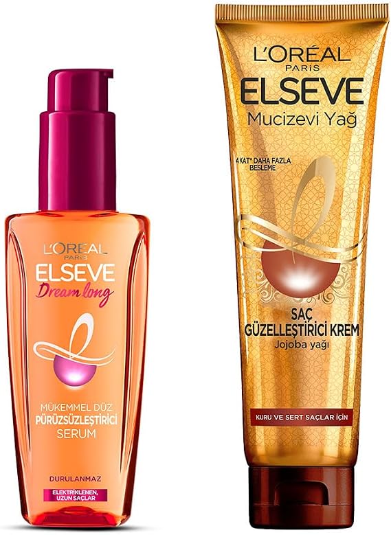 L'Oréal Paris Elseve Miraculous Oil Hair Beautifying Cream 150 ml - Dry and Hard Hair & Elseve Dream Long Perfect Straight Smoothing Serum