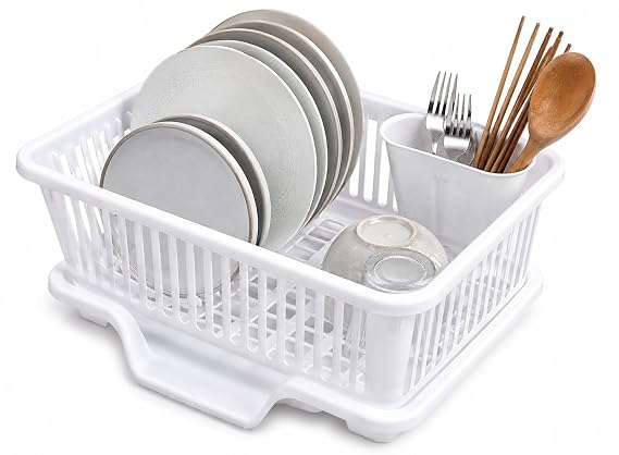Heavy Duty 2-Piece Plastic Dish Drying Rack Set in White - Includes Large Dish Drainer, Attached Drainboard, and Utensil Cup Holders for Home Kitchen Countertop Organization