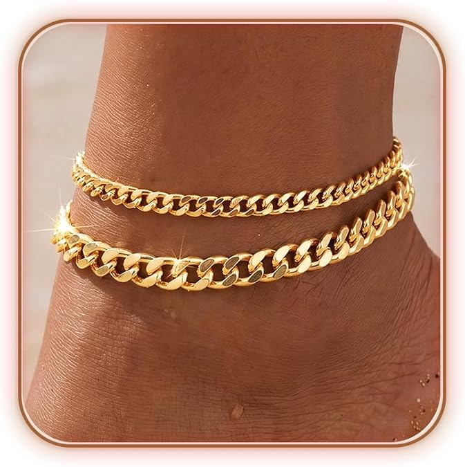 Chunky Cuban Link Ankle Bracelets for Women Waterproof, 14K Gold/Silver Plated Stackable Anklets Adjustable Thick Dainty Chain Trendy Beach Summer Fashion Jewelry Gift