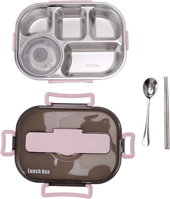 BoxLunch Container BoxLunch Storage BoxThermal Lunch BoxStainless Steel Stainless Steel Thermal Lunch Container Box with 5 Compartments, Soup Sticks Spoon for Adults Green (Pink)
