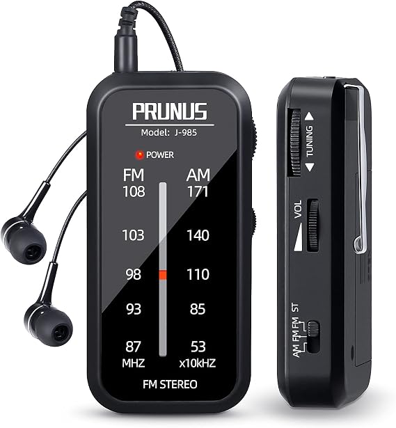 PRUNUS J-985 Pocket Radio Mini AM FM Stereo Radio Portable Battery Radio | Includes Headphones, with Back Clip and Signal Indicator, Operated by AAA Batteries for Emergency,Walking,Running