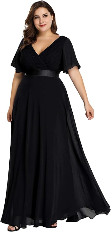 Ever-Pretty Women's Chiffon Formal Evening Dresses for Curvy Women V-Neck Plus Size Floor Length Bridesmaid Dress