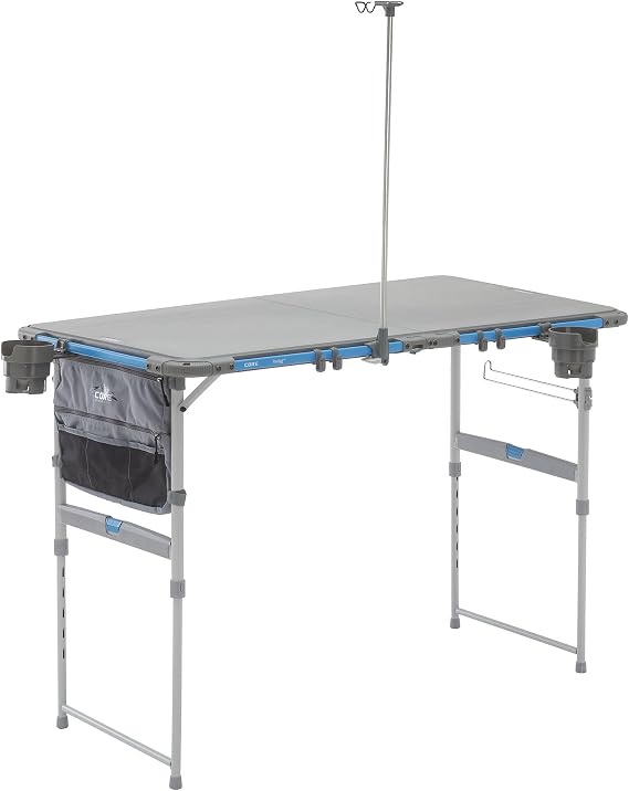 CORE Outdoor Camp Table | 4 Foot Table with Adjustable Height and Storage for Camping Accessories | Foldable & Portable for Beach, Picnic, Backyards, BBQ, Tailgate, Patio and Party