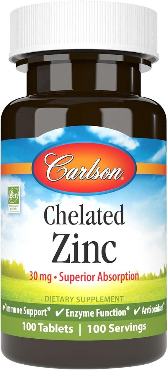 Carlson Chelated Zinc, 30 mg, Chelated Zinc Supplement, 1000 Tablets