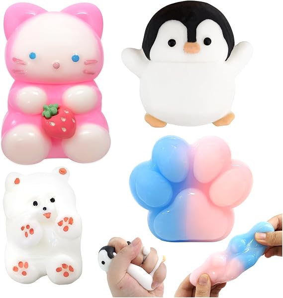 4Pcs Taba Set, Penguin Rabbit Puppy Cute Cat Paw Fufu Squeeze Toy Stress Relief Sensory Fidget Toys Anxiety Relief Novelty Gifts for Birthday Christmas Party Favors