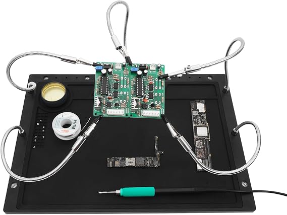 HengTianMei Helping Hands Soldering Station with Large 15.7 x 11.2 Inch Base, Third Hand Soldering Tool with 5 Flexible Arms and Soldering Mat, for Electronics Repair, PCB, Jewelry Making, DIY Crafts