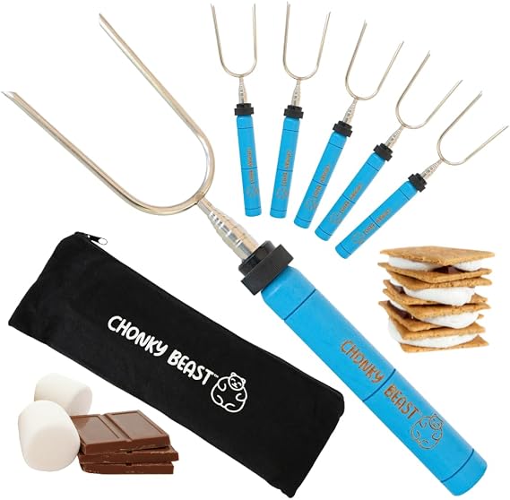 Smores Sticks for fire pit -Set of 6- Extra Strong Extendable Marshmallow Roasting Sticks w/Reinforced Joints -Rotating Stainless Steel Marshmallow sticks for fire pit, Hot dog Sticks for Campfire