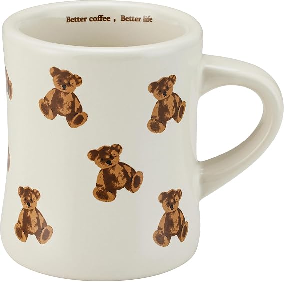 Cute Cartoon Bear Mug，350ml/12oz Ceramic Coffee Mug for Home, Office， Fun Novelty Drinkware for All Beverages (Curved style)
