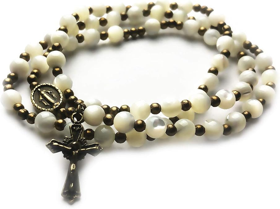 Mother of Pearl Stone Catholic Rosary Bracelet for Women with Virgin Mary Our Lady of Graces Medal Charm - Catholic Gifts