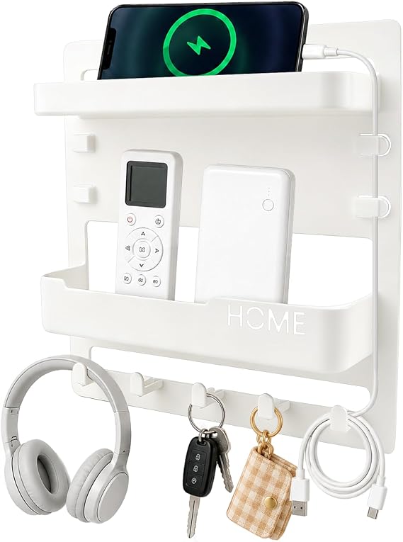 2 Tier Plastic Wall Mount Bedside Floating Shelf | Bedside Accessories Organizer for Keys, Glasses, Charging Cords, Earphone, Remote, Bedroom Dorm