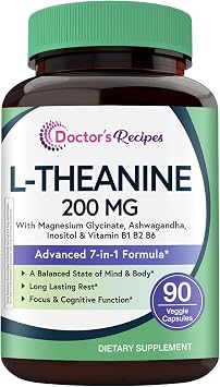 Doctor's Recipes L-Theanine 200 mg, Magnesium Glycinate, Ashwagandha, Inositol, Vitamin B6 B1 B2, Calm Relaxation Mood Cortisol Manager Nerve Focus Sleep Aid Quality No Drowsiness, Vegan, 90 Capsules