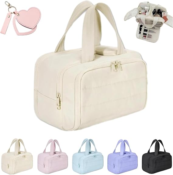 Toiletries Bag,Large Capacity Wide-Open Travel Cosmetic Bag,Elouva Makeup Bag for Toiletries, Cosmetics (Beige)