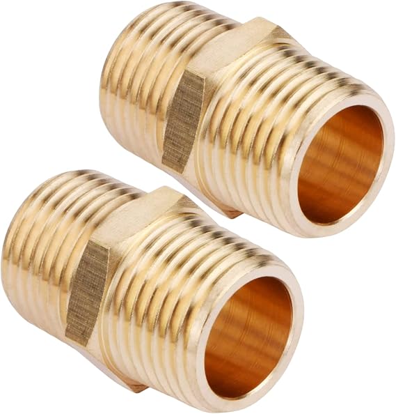 2PCS 1/2" x 1/2" Brass NPT Male Hex Nipple by CX WONDERLAND | 1/2" NPT Male, Brass Hex Nipple, Fitting for Pipe Connections