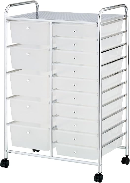 15 Drawer Rolling Storage Trolley - Home, DIY, Makeup, Kitchen, Bathroom, Salon, Beauty, Office, Stationary Organiser - Top Shelf with Rolling Wheels - Translucent Finish (White)