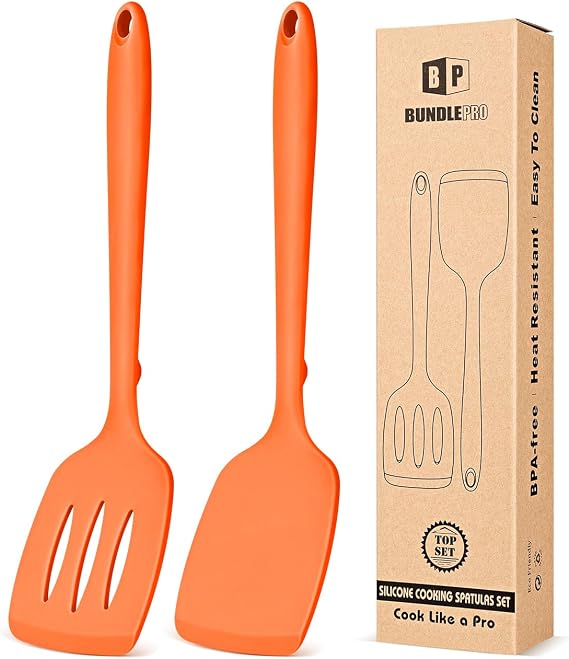 BUNDLEPRO Silicone Spatula, Solid & Slotted Turner, One-Piece,2 Pack,Orange