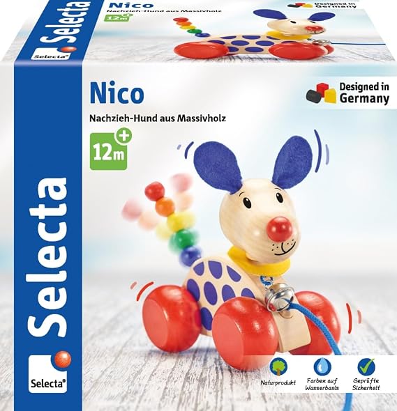 Selecta 62026 Nico Pull Along Dog Toy 1 Year to 3 Years Wooden 12 cm | Push and pull along toy
