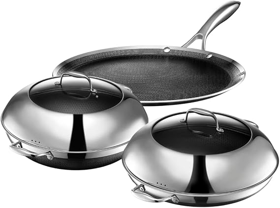 HexClad Hybrid Nonstick 5-Piece Cookware Set, 14" Pan with Lid, 14" Wok with Lid, and 12" Griddle, Stay-Cool Handles, Dishwasher and Oven-Safe, Induction Ready, Compatible with All Cooktops