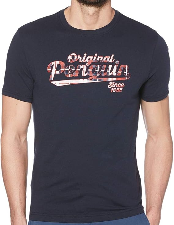 Penguin Mens T-Shirt Large Logo Plaid Print Graphic Tee Blue L