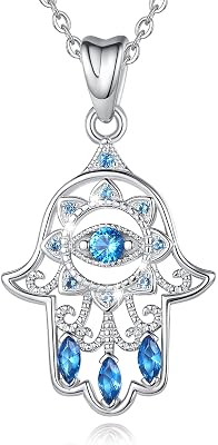 EUDORA Sterling Silver Hamsa Necklace Good Luck Vintage Fatima Hand Blue Evil Eye Pendant, Gift for Women Mother Sister 18 Chain Ocean Blue