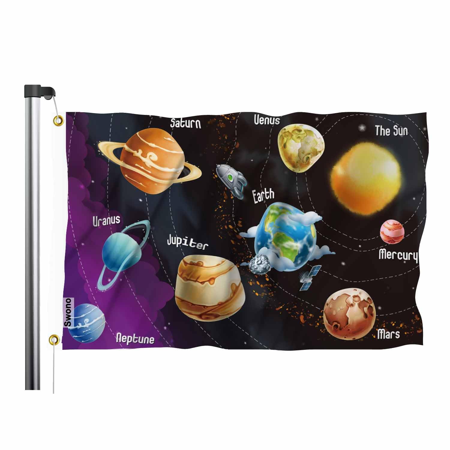 Swono Solar System Flag 3x5 Ft Universe Planets Rockets Sun Earth Flag Double Sided Double Stitched with Brass Grommets