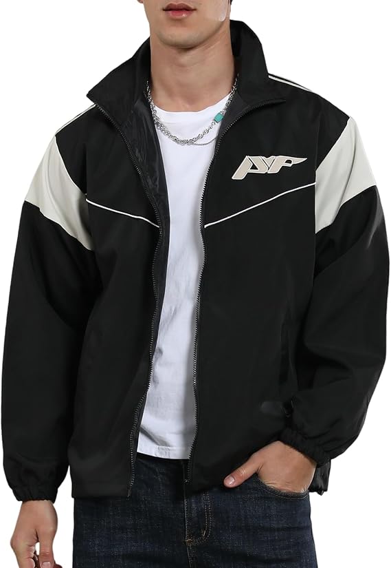 Yimoon Men's Lightweight Windbreaker Jacket Casual Zip Up Outdoor Varsity Jacket Patchwork Vintage Y2K Outerwear