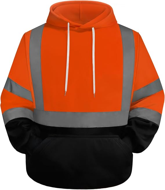 TCCFCCT Hi Vis Hoodies for Men Women Class 3 Safety Jacket Reflective, High Visibility Hoodie for Men Construction, Surveyors, Durable & Dirt-resistant with Black Bottom Part, WT-Orange XL