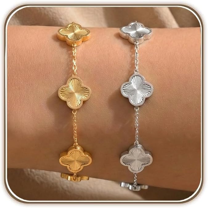 18k Gold Plated Clover Bracelets, Set of 2, Dainty Chic Four-Leaf Clover Lucky Charm Bracelets Sets, Adjustable Sizes, Trendy Jewelry Gifts for Her