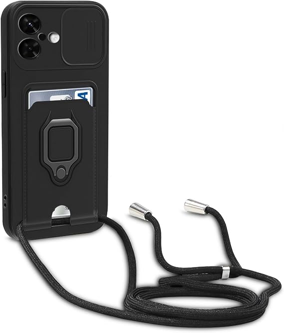 クロスボディストラップケース iPhone 16e / 17e用 カードホルダー付き 磁気リングキックスタンド付き 調節可能なランヤード シリコン 耐衝撃保護カメラカバー Apple iPhone 16e / 17e 6.1インチ用 ブラック