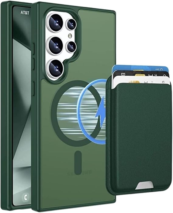 PSR Aksesuar Samsung Galaxy S26 Ultra Uyumlu M-Safe Kablosuz Şarj Destekli Mat Kılıf + MagSafe Kartlıklı Cüzdan - Tam Koruma Seti (Yeşil, Samsung Galaxy S26 Ultra)