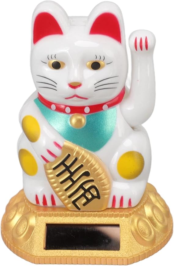 Cryfokt Solar Powered Maneki Neko Lucky Cat, White, Traditional Cultural Style, Solar Waving Arm, Premium Plastic Material, Office Desk, Window, Car Dashboard Decor