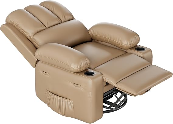 GarveeHome Leather Recliner Chair, Manual Locking Recliner Chair with Comfortable Arm and Cup Holder for Living Room CF8011 - Khaki, Medium