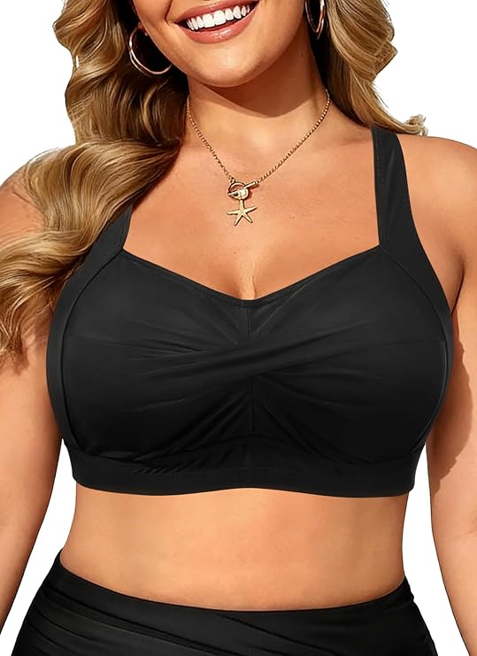 Plus Size Bikini Top Only Twist Front Full Coverage Swimsuit Top Push Up