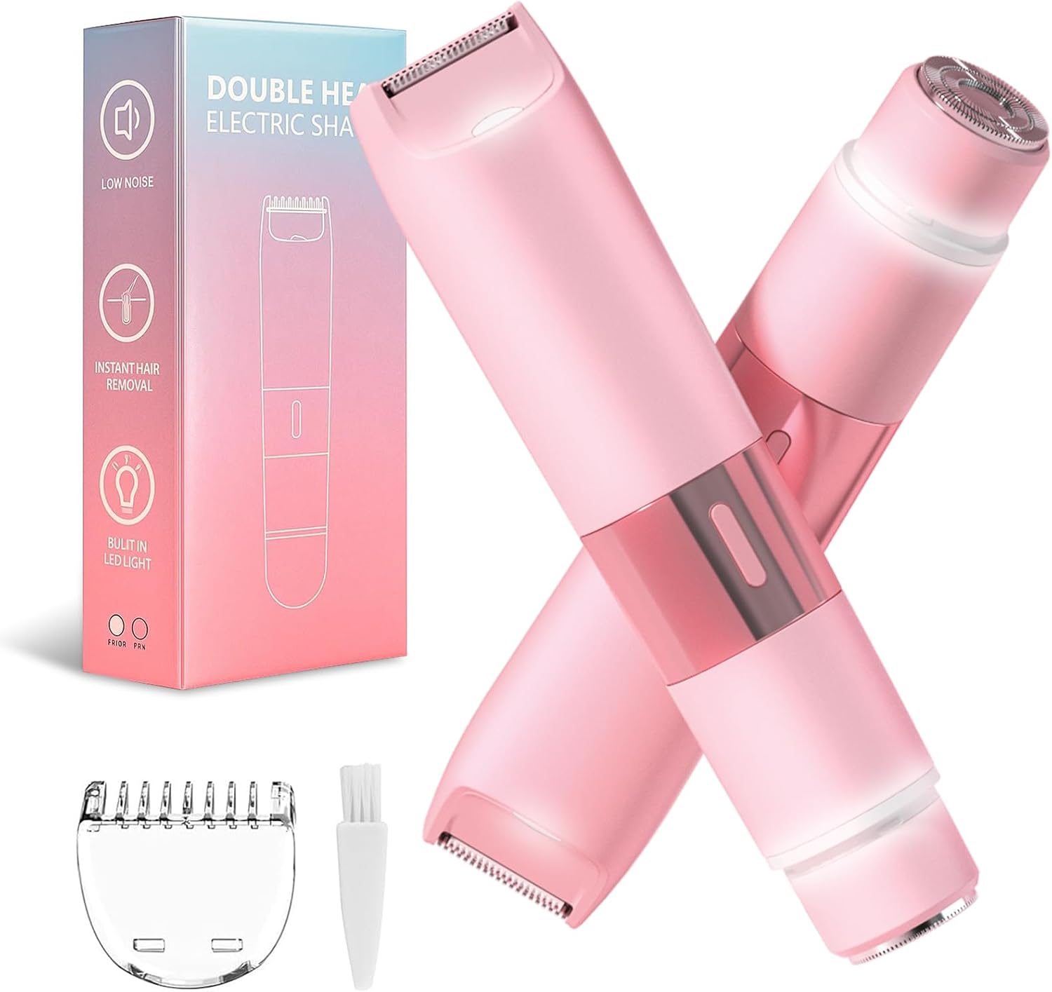 Bikini Trimmer for Women - 2 in 1 Painless Electric Razors for Women, IPX7 Waterproof Rechargeable LED Dual Head Electric Shaver for Lady Bikini Underarm, Body, Leg, Face Hair Remove - Light Pink